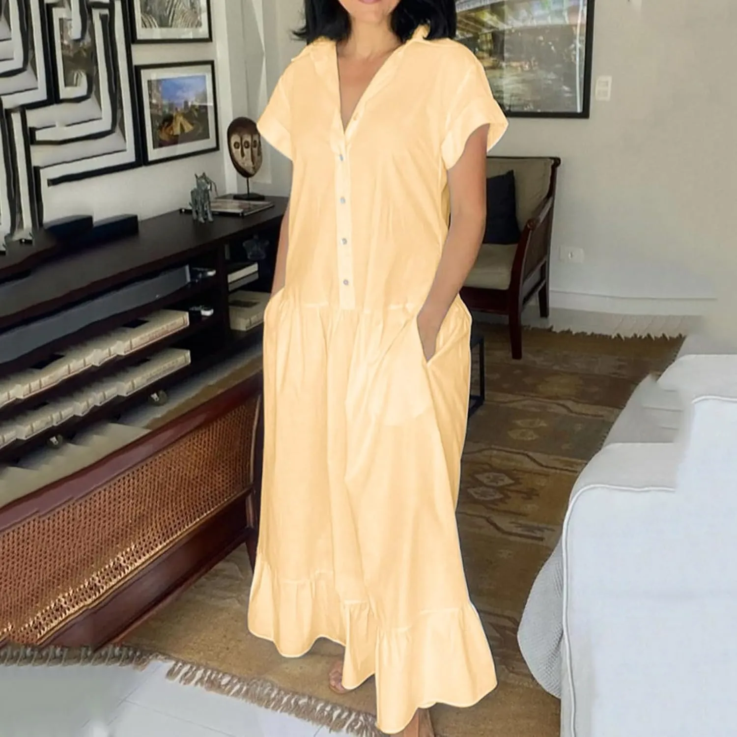Womens 2025 Short Sleeve Crewneck Maxi Dresses Plus Size Loose Midi Dress Summer Beach Long Dress