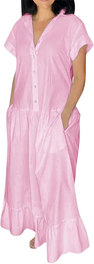 Womens 2025 Short Sleeve Crewneck Maxi Dresses Plus Size Loose Midi Dress Summer Beach Long Dress