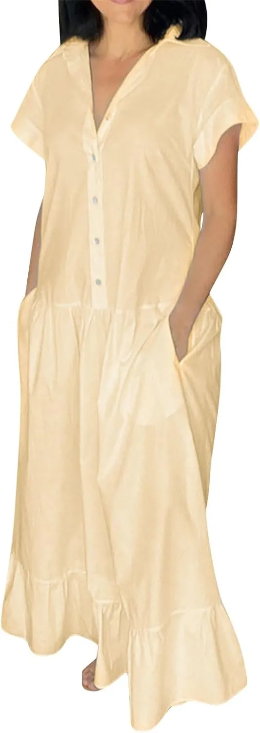 Womens 2025 Short Sleeve Crewneck Maxi Dresses Plus Size Loose Midi Dress Summer Beach Long Dress