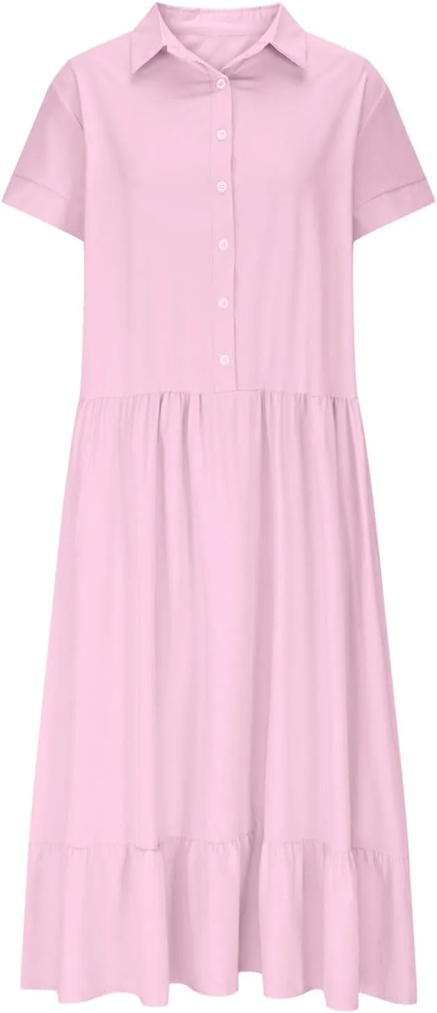 Womens 2025 Short Sleeve Crewneck Maxi Dresses Plus Size Loose Midi Dress Summer Beach Long Dress