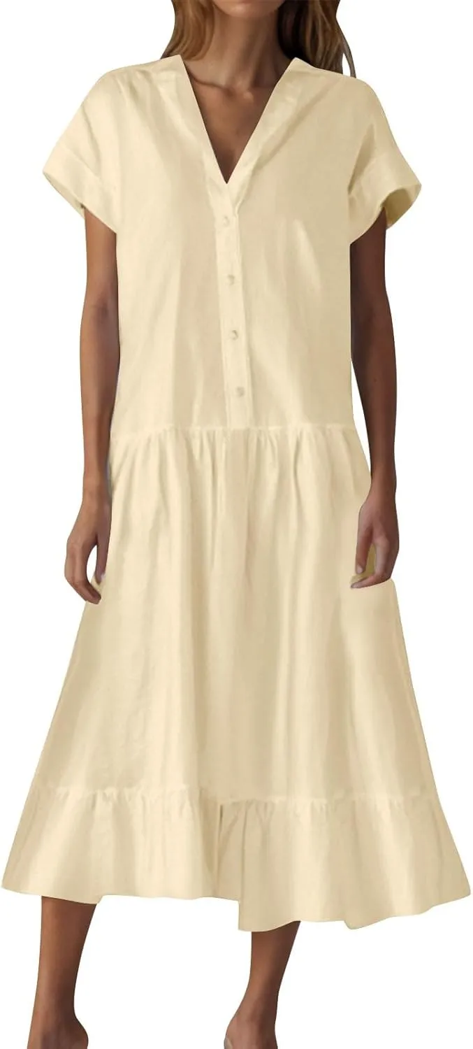 Womens 2025 Short Sleeve Crewneck Maxi Dresses Plus Size Loose Midi Dress Summer Beach Long Dress