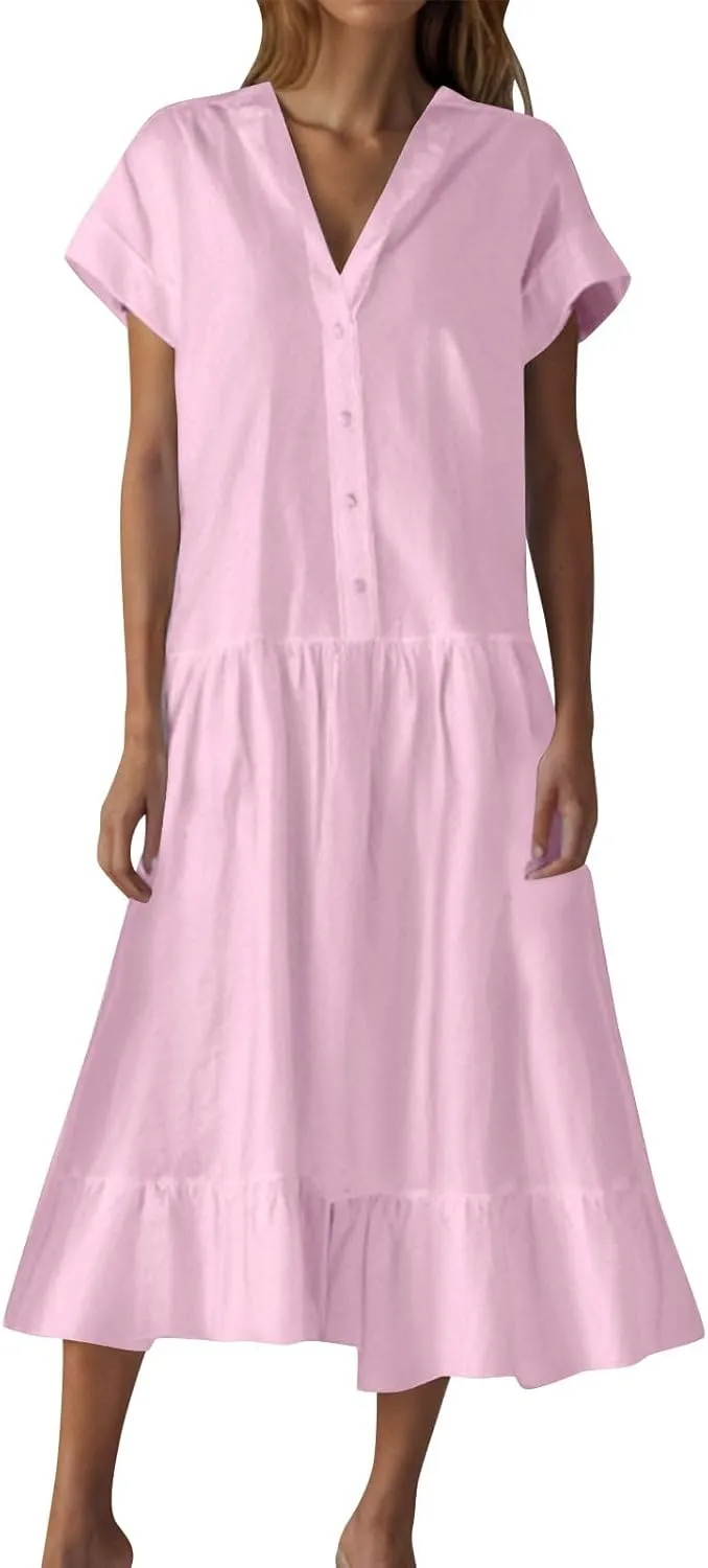 Womens 2025 Short Sleeve Crewneck Maxi Dresses Plus Size Loose Midi Dress Summer Beach Long Dress