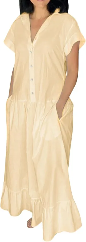 Womens 2025 Short Sleeve Crewneck Maxi Dresses Plus Size Loose Midi Dress Summer Beach Long Dress