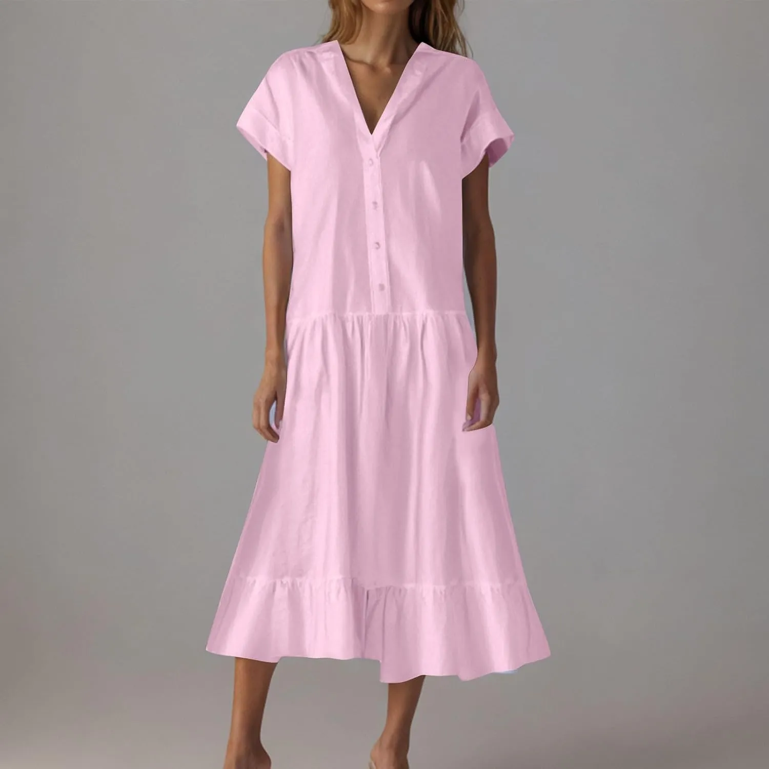 Womens 2025 Short Sleeve Crewneck Maxi Dresses Plus Size Loose Midi Dress Summer Beach Long Dress