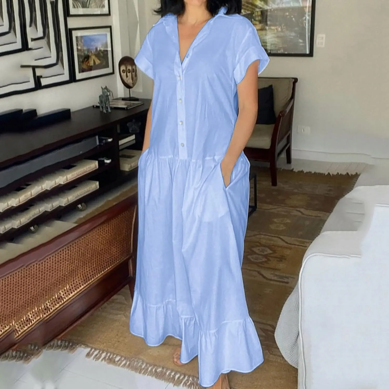 Womens 2025 Short Sleeve Crewneck Maxi Dresses Plus Size Loose Midi Dress Summer Beach Long Dress