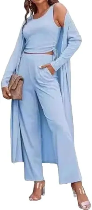Women's 3-Piece Loungewear Set, Light Blue Tank Top with Wide-Leg Pants and Long Cardigan