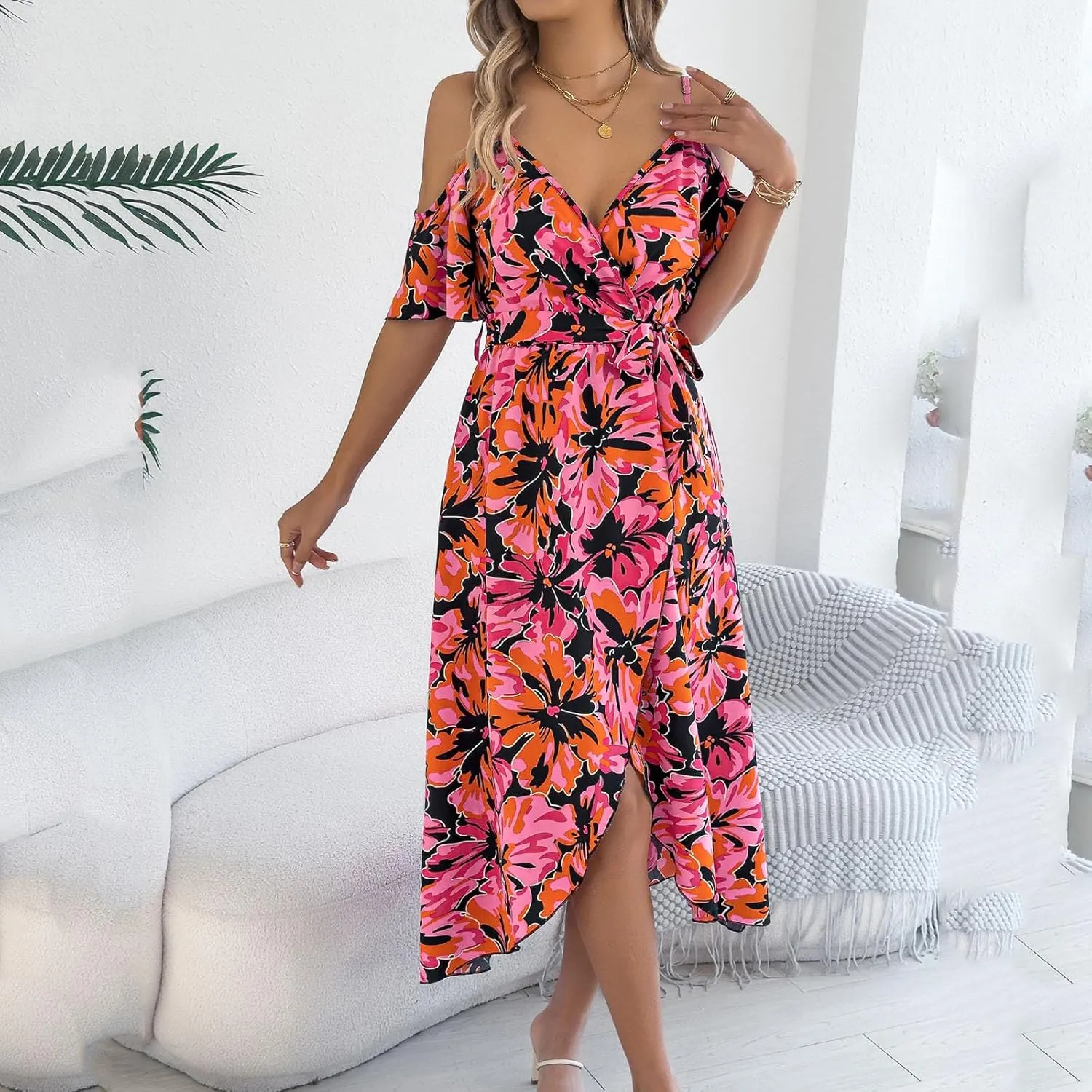 Women's Beach Vocation Maxi Dresses 2025 Floral Printed Boho Long Dress Flowy Summer Outfits
