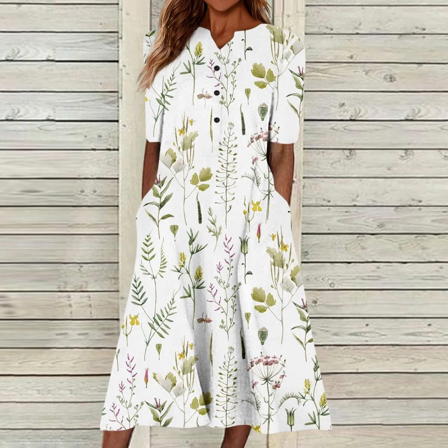 Women's Bohemian Floral Maxi Dress Casual Loose Summer Short Sleeve Beach Vacation Dresses with Pockets