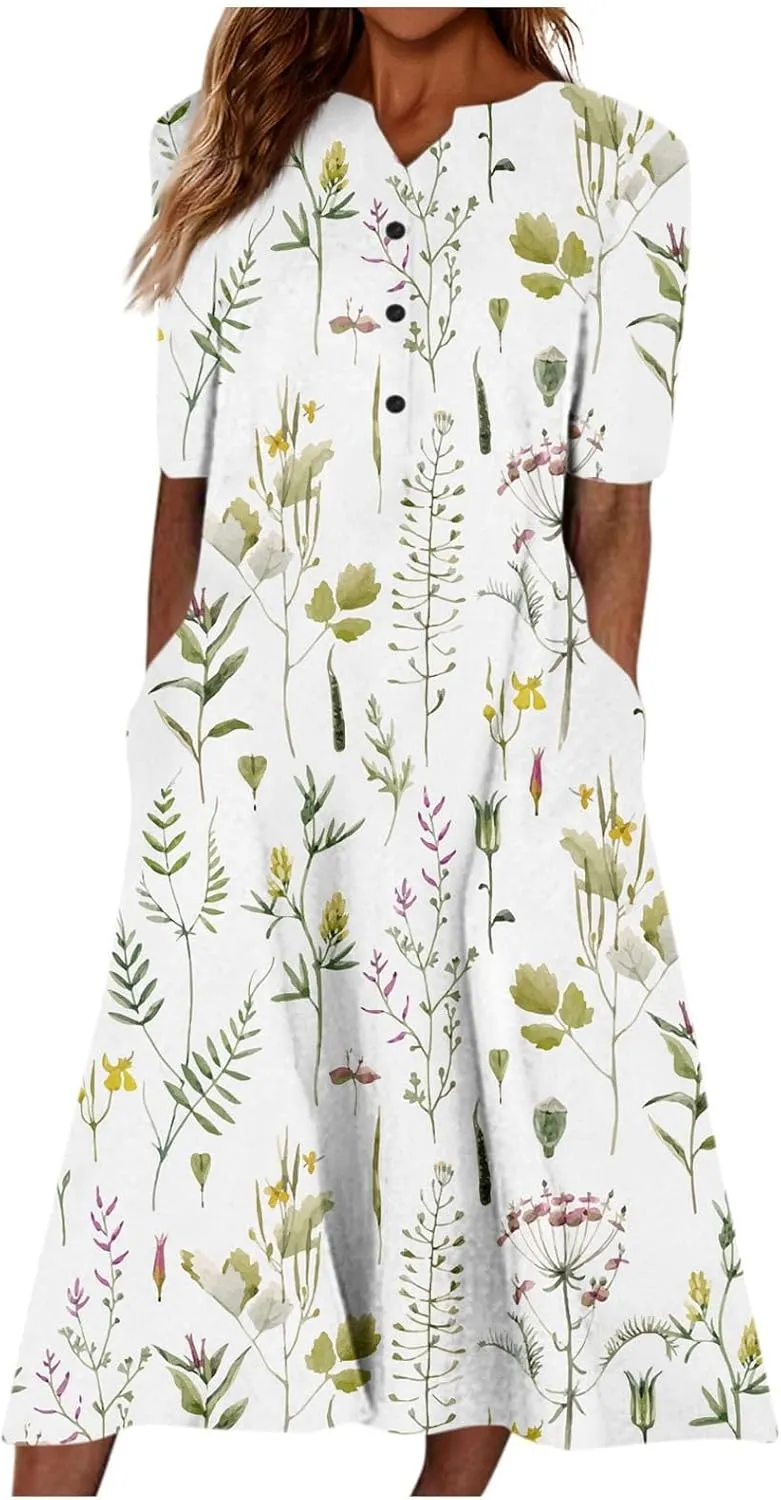 Women's Bohemian Floral Maxi Dress Casual Loose Summer Short Sleeve Beach Vacation Dresses with Pockets