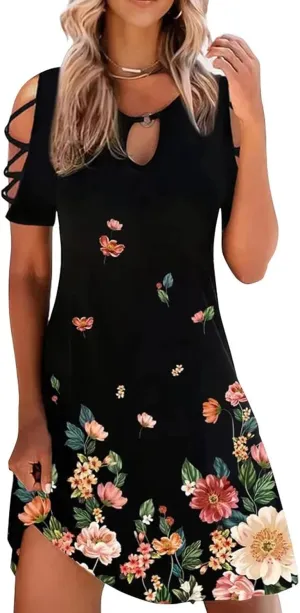 Womens Bohemian Floral Sundress Hollow Short Dresses Cold Shoulder Mini Dress Island Vacation Summer Outfits 2023