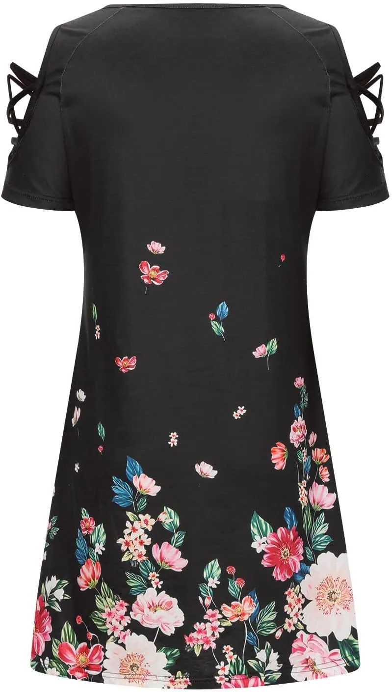 Womens Bohemian Floral Sundress Hollow Short Dresses Cold Shoulder Mini Dress Island Vacation Summer Outfits 2023