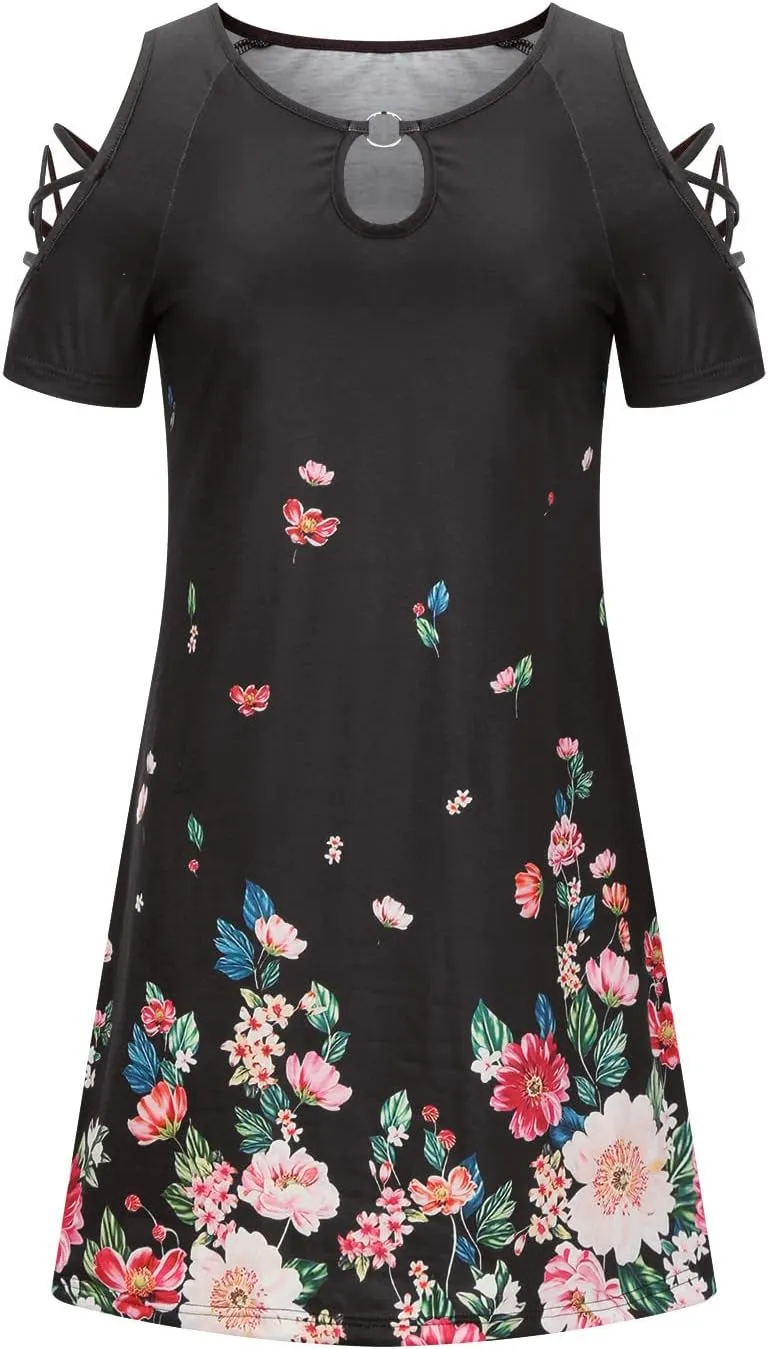 Womens Bohemian Floral Sundress Hollow Short Dresses Cold Shoulder Mini Dress Island Vacation Summer Outfits 2023