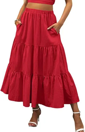 Women's Boho High Waist Long Skirt Casual Flowy Swing Ruffle A Line Beach Maxi Skirt with Pockets