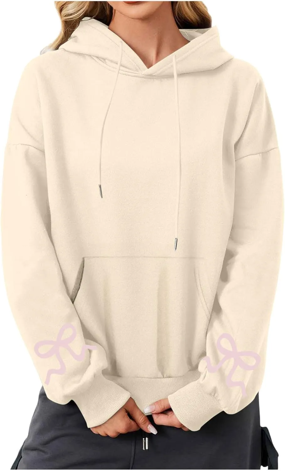 Womens Bow Trim Print Fleeced Hoodies Oversized Long Sleeve Hooded Sweatshirts Cute Print Drop Shoulder Pullover Top