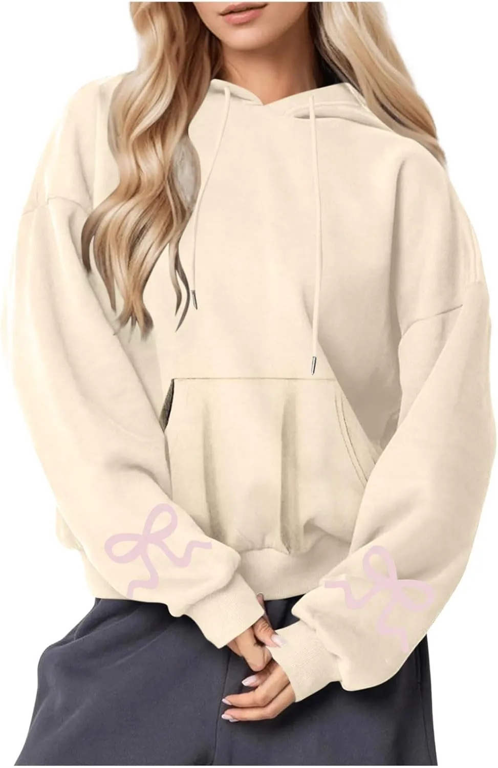 Womens Bow Trim Print Fleeced Hoodies Oversized Long Sleeve Hooded Sweatshirts Cute Print Drop Shoulder Pullover Top