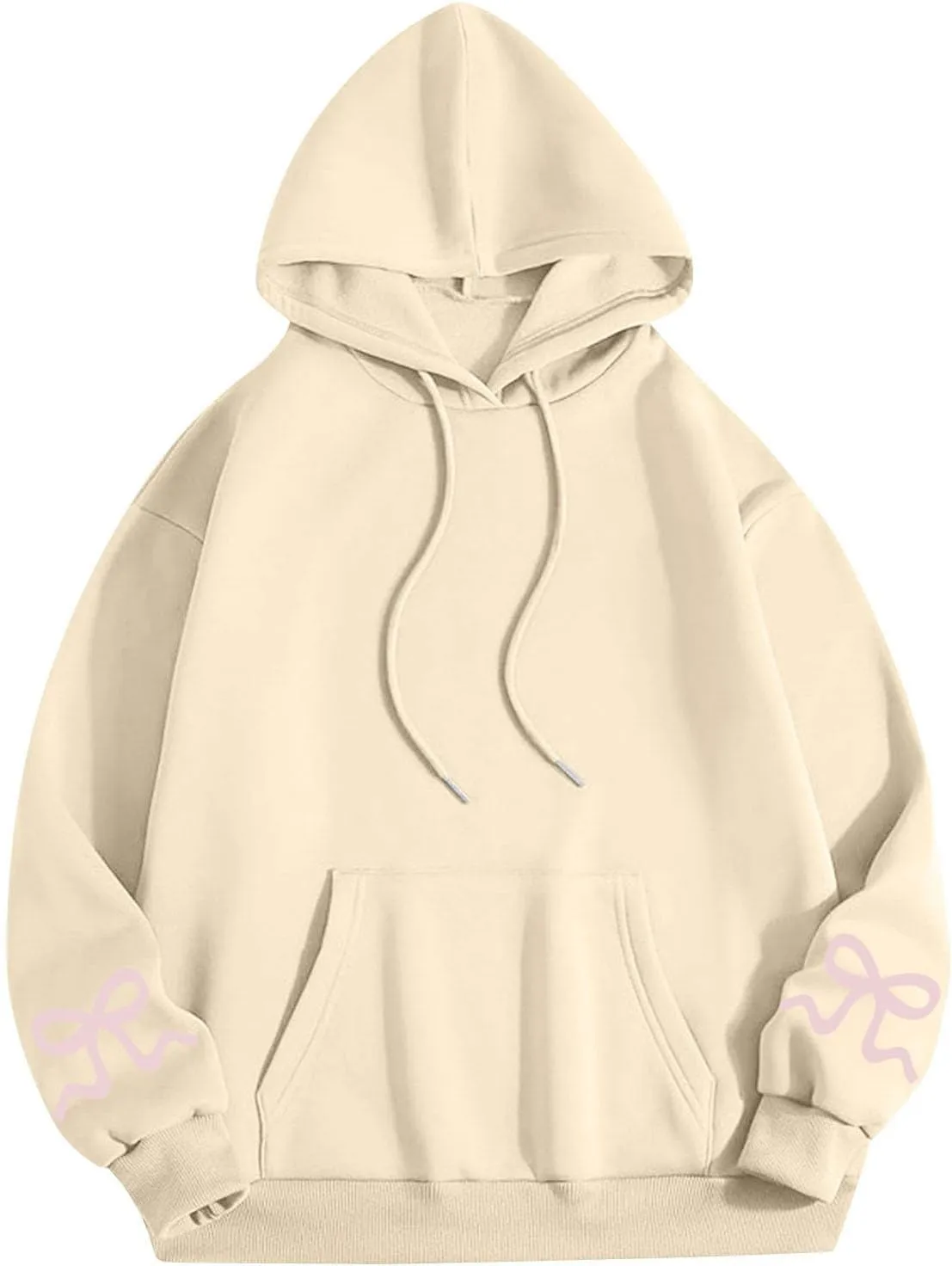 Womens Bow Trim Print Fleeced Hoodies Oversized Long Sleeve Hooded Sweatshirts Cute Print Drop Shoulder Pullover Top