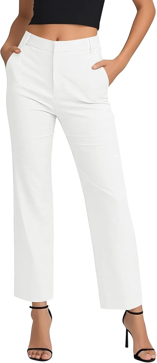 Women's Business Straight Leg Dress Pants Elastic Waist Zipper Closure Work Trousers with Pockets