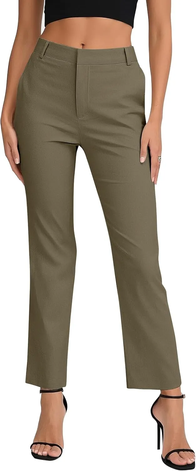 Women's Business Straight Leg Dress Pants Elastic Waist Zipper Closure Work Trousers with Pockets