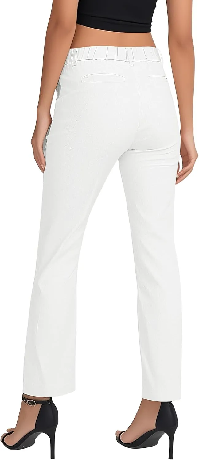 Women's Business Straight Leg Dress Pants Elastic Waist Zipper Closure Work Trousers with Pockets