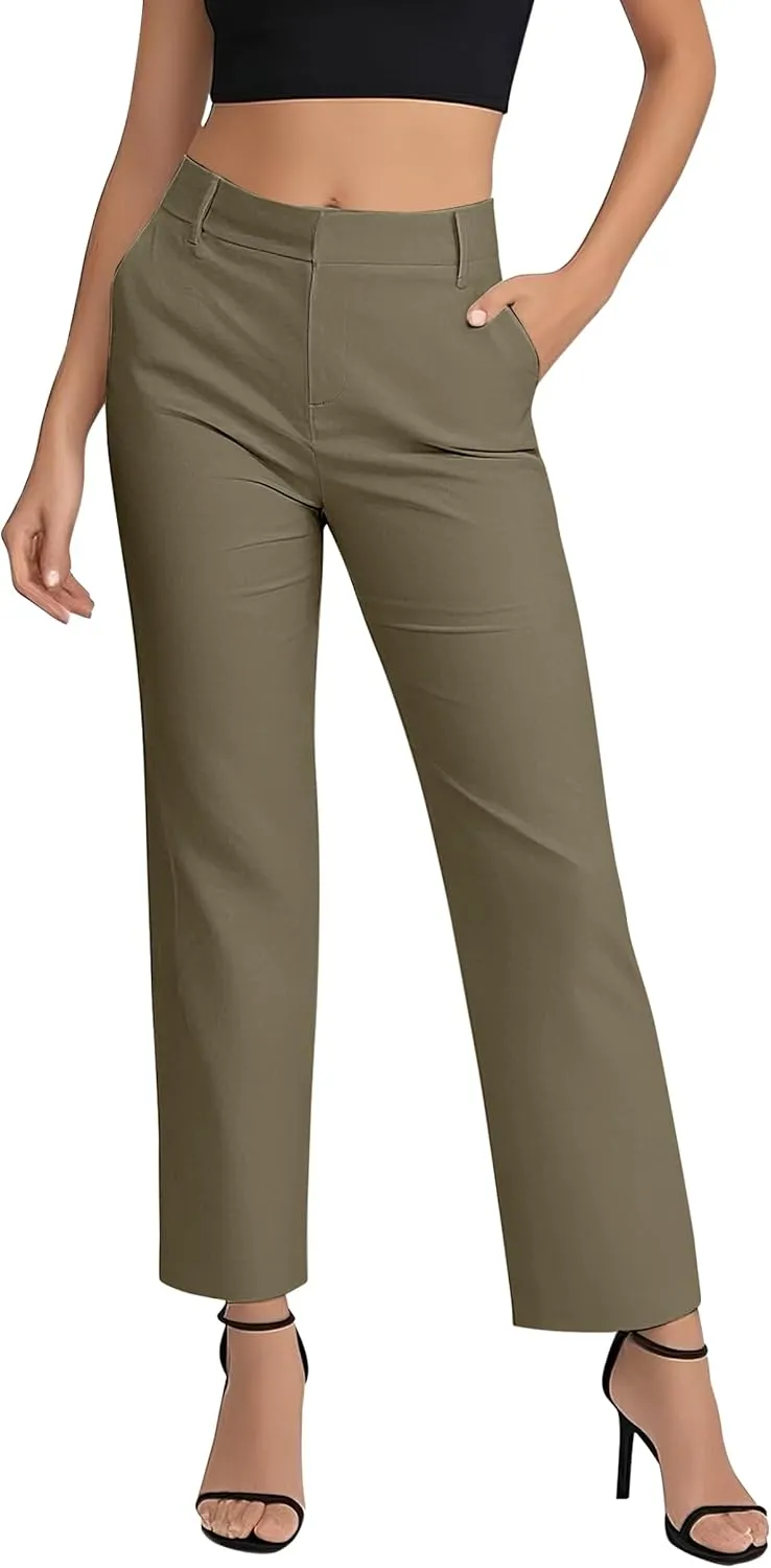 Women's Business Straight Leg Dress Pants Elastic Waist Zipper Closure Work Trousers with Pockets