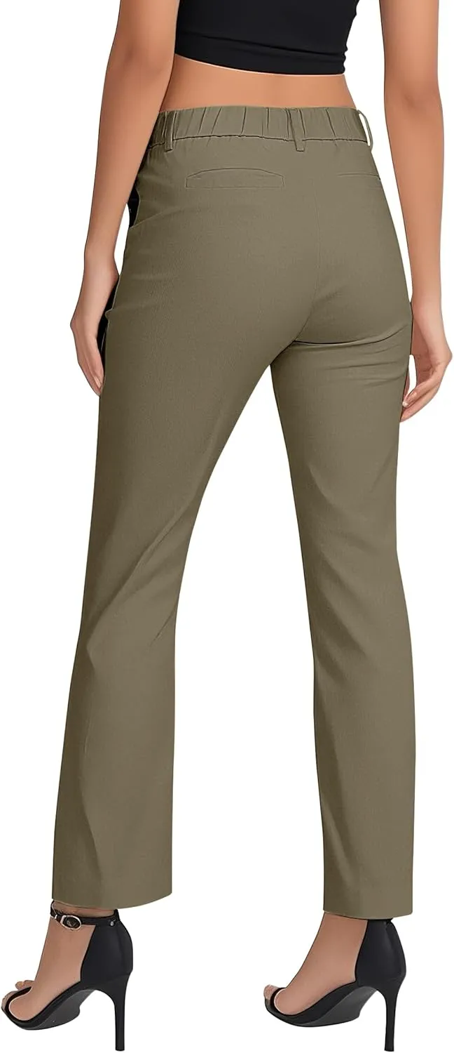 Women's Business Straight Leg Dress Pants Elastic Waist Zipper Closure Work Trousers with Pockets