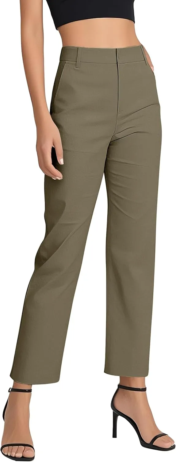 Women's Business Straight Leg Dress Pants Elastic Waist Zipper Closure Work Trousers with Pockets