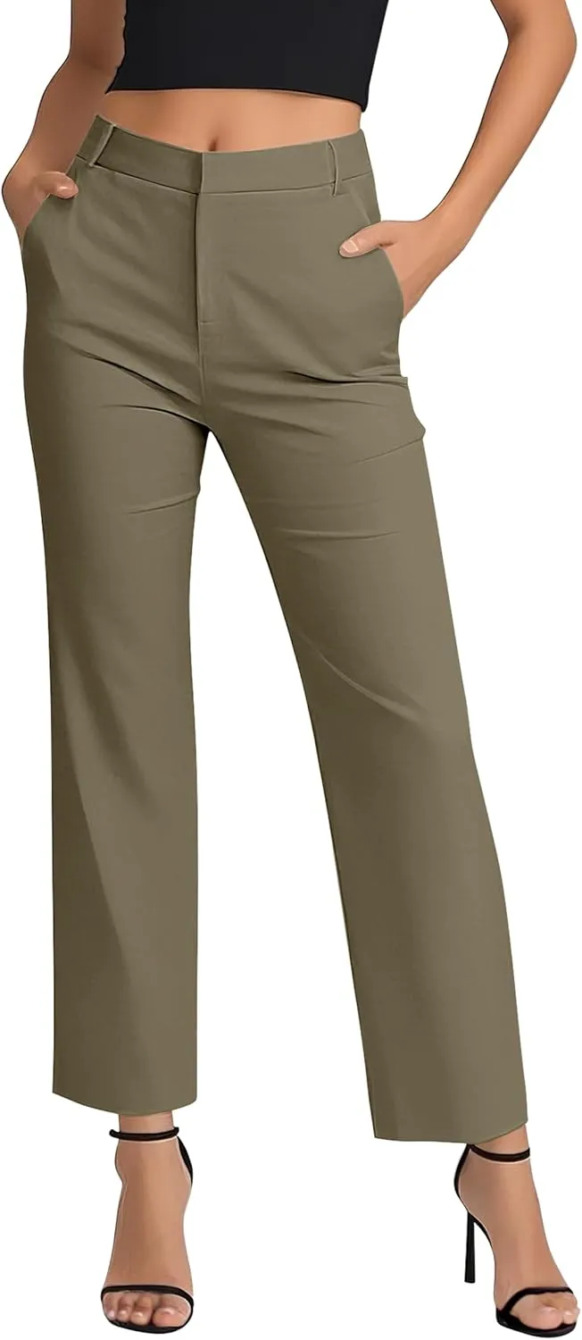 Women's Business Straight Leg Dress Pants Elastic Waist Zipper Closure Work Trousers with Pockets