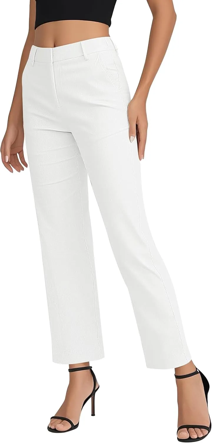 Women's Business Straight Leg Dress Pants Elastic Waist Zipper Closure Work Trousers with Pockets