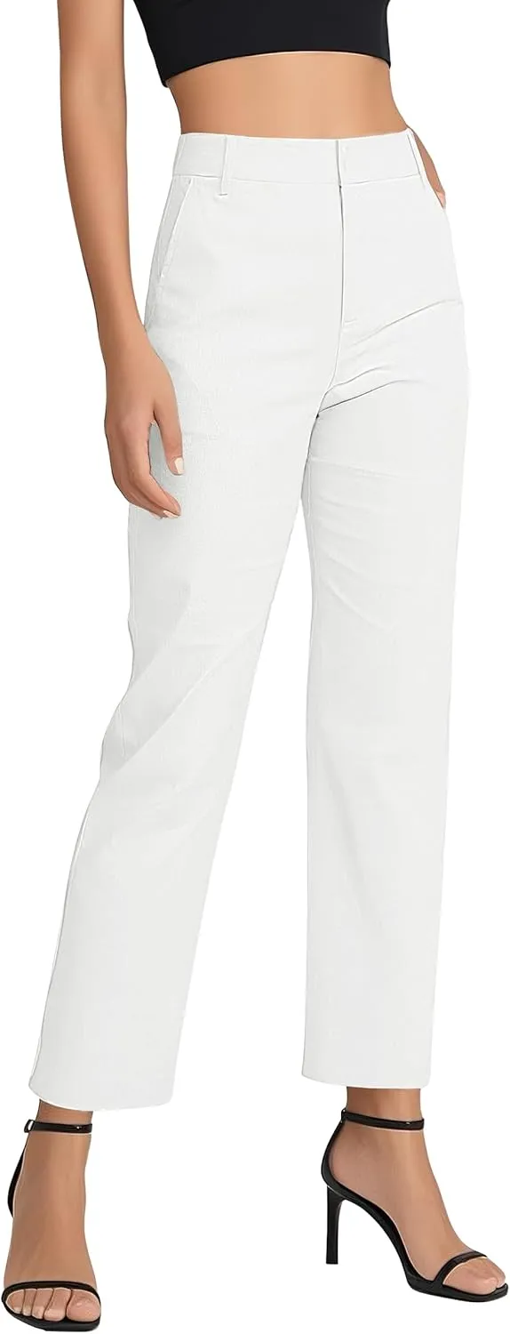 Women's Business Straight Leg Dress Pants Elastic Waist Zipper Closure Work Trousers with Pockets
