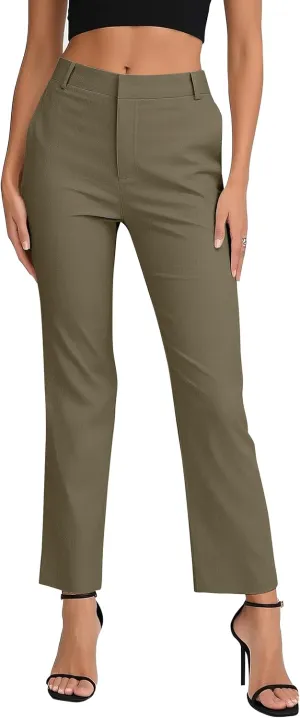 Women's Business Straight Leg Dress Pants Elastic Waist Zipper Closure Work Trousers with Pockets