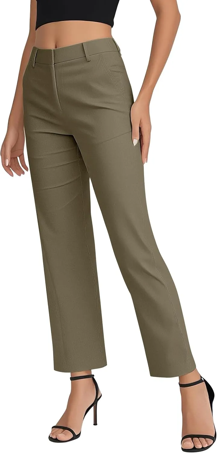 Women's Business Straight Leg Dress Pants Elastic Waist Zipper Closure Work Trousers with Pockets