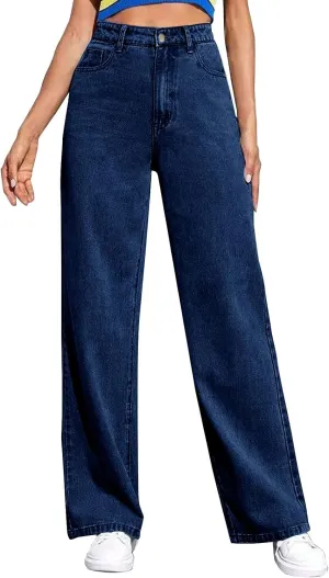 Women's Casual High Waisted Wide Leg Denim Jeans Straight Wide Leg Loose Denim Pants Y2K Harajuku Style Trousers