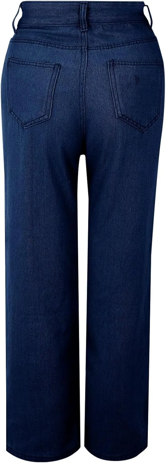 Women's Casual High Waisted Wide Leg Denim Jeans Straight Wide Leg Loose Denim Pants Y2K Harajuku Style Trousers
