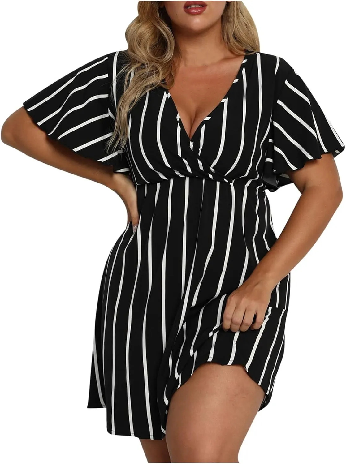 Womens Casual Sun Summer Dresses Plus Size Wrap V Neck Ruffle Hem A Line Short Dress Striped Print Short Sleeve Dress