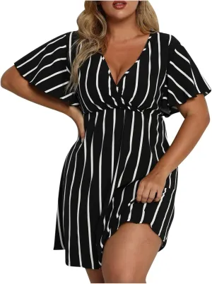 Womens Casual Sun Summer Dresses Plus Size Wrap V Neck Ruffle Hem A Line Short Dress Striped Print Short Sleeve Dress