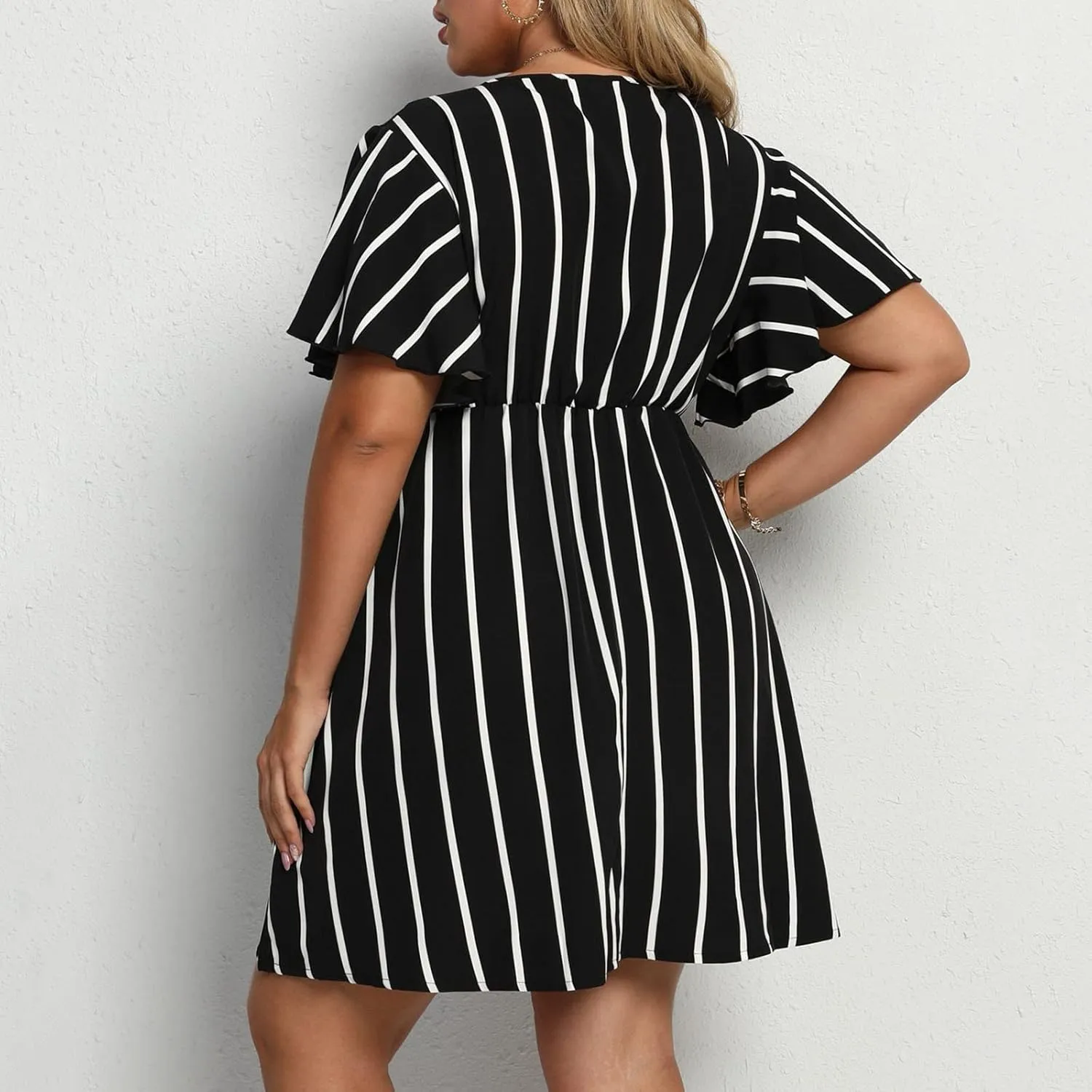 Womens Casual Sun Summer Dresses Plus Size Wrap V Neck Ruffle Hem A Line Short Dress Striped Print Short Sleeve Dress
