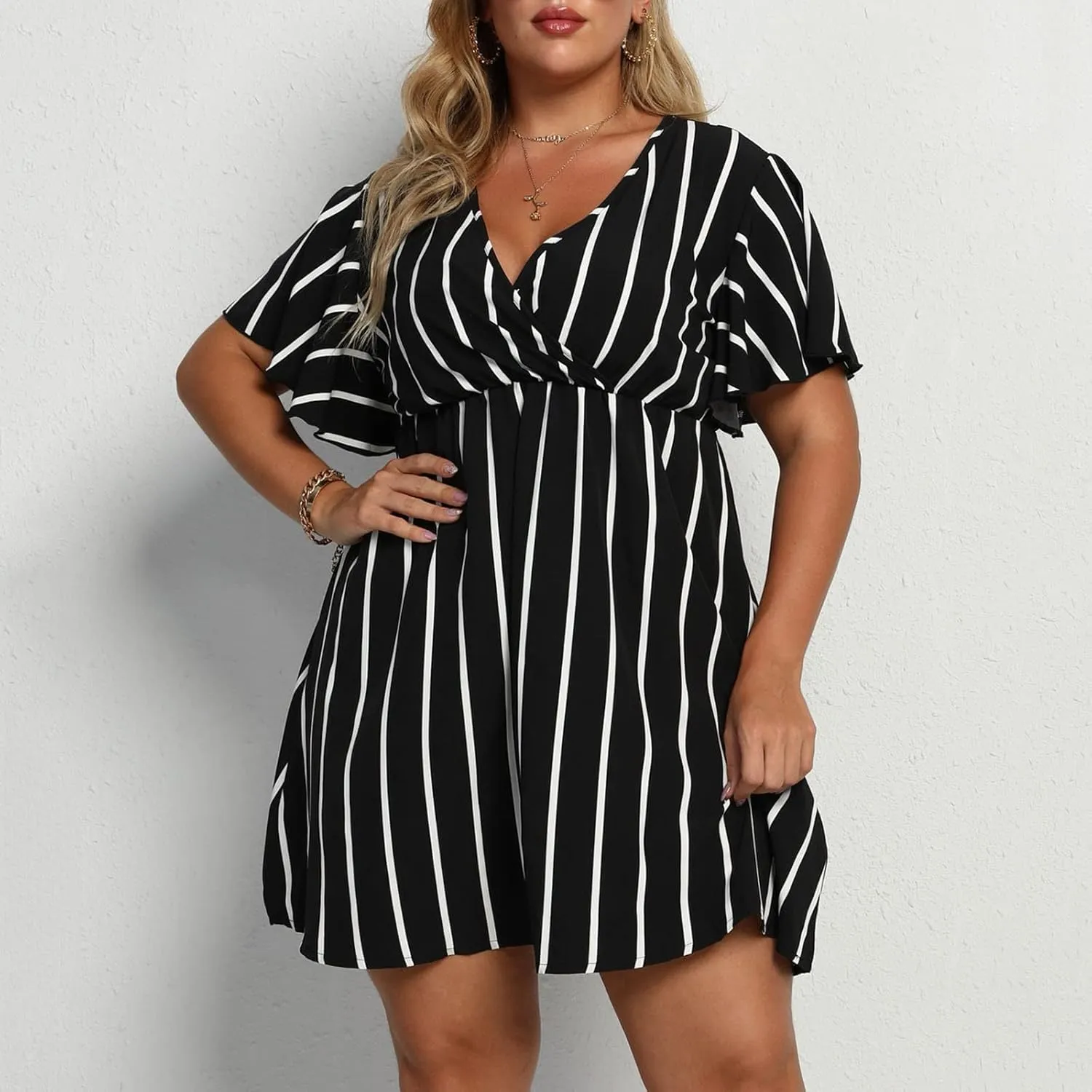 Womens Casual Sun Summer Dresses Plus Size Wrap V Neck Ruffle Hem A Line Short Dress Striped Print Short Sleeve Dress