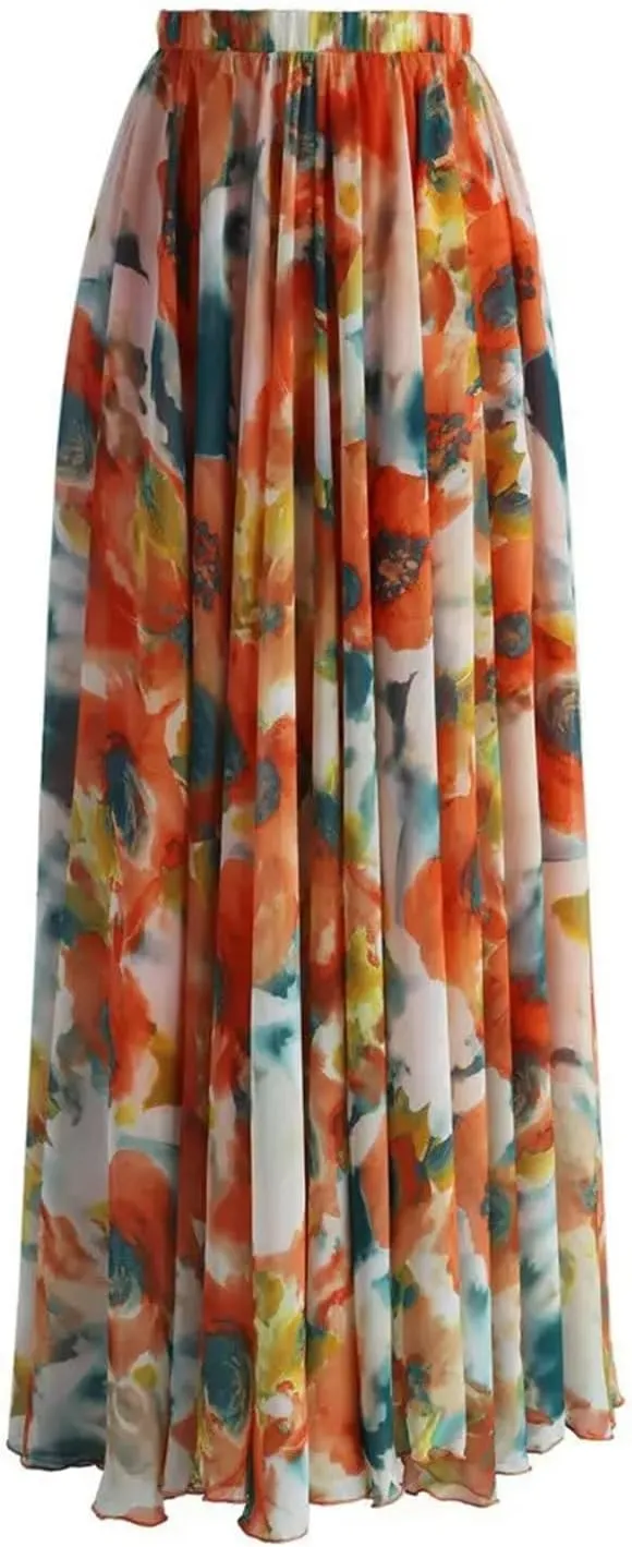 Womens Chiffon Skirt Womens Floral Long Maxi Skirt Womens Beach Skirt
