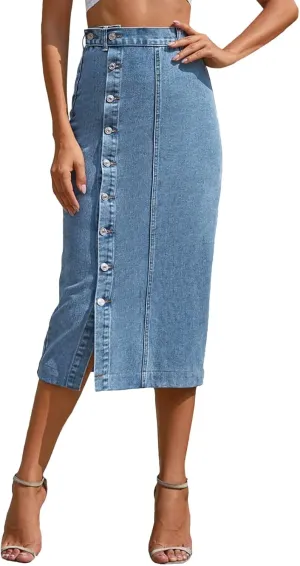 Women's Clothing European and Button Irregular Slit Denim High Waist Long Skirt Casual Circle Skirts for Women