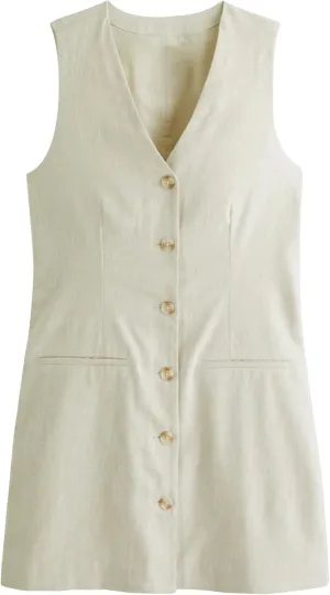 Womens Cotton Linen Vest Mini Dress Casual Button Down Sleeveless V Neck Short Tops with Pockets