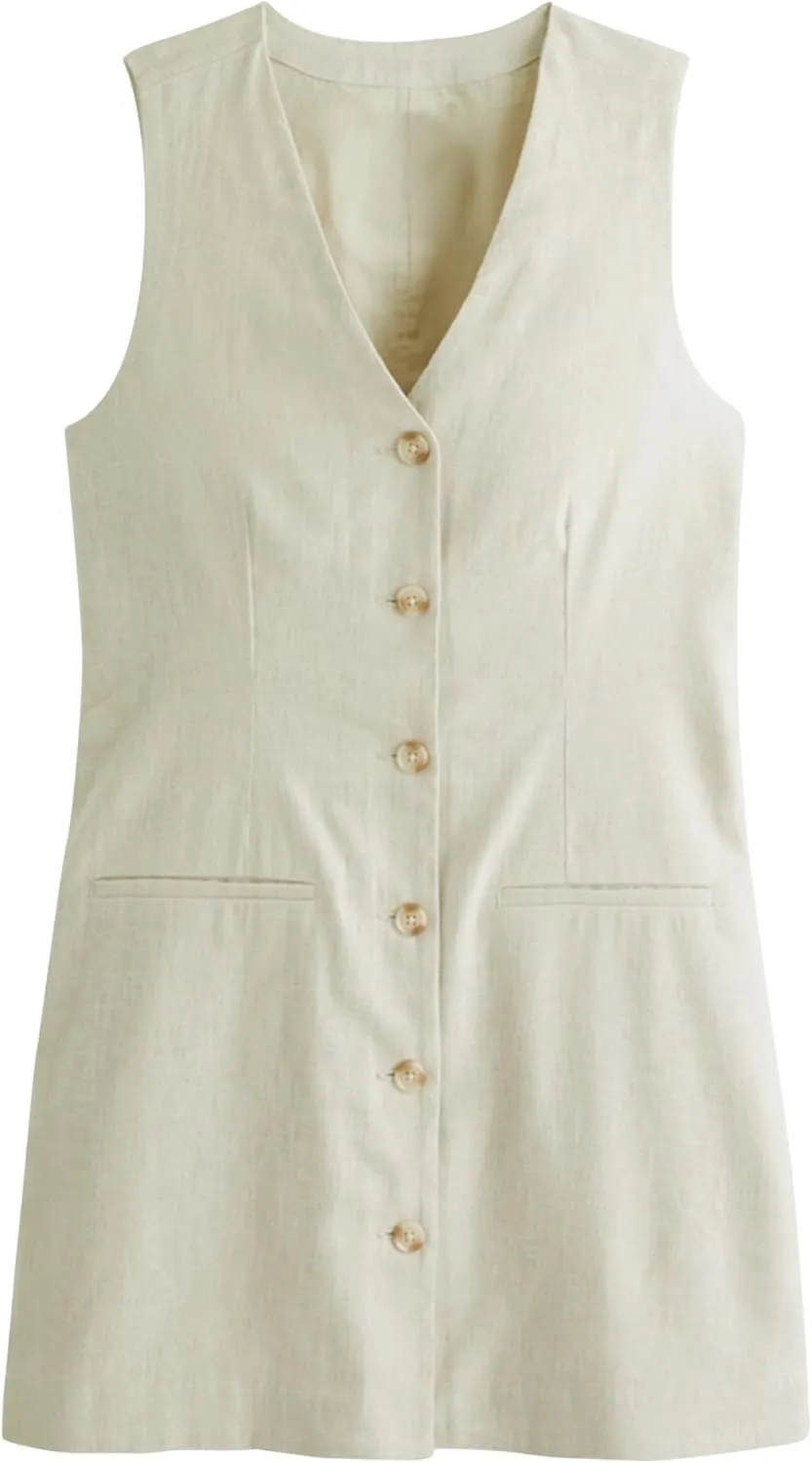 Womens Cotton Linen Vest Mini Dress Casual Button Down Sleeveless V Neck Short Tops with Pockets