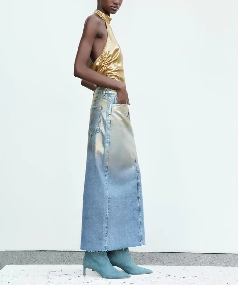 Womens Fashion High Waisted Elastic Washed Denim Midi Skirts Length A Line Long Jean Pencil Skirt