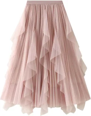 Women's Fashion High Waisted Ruffled Mesh Skirt Women's Mid Length Pleated Skirt Boys Skirt
