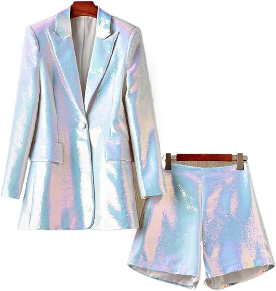 Womens Glitter Blazer Short Pants Set 2 PC Slim Fit Peak Lapel Prom Party Suit Womens Sequins Suit