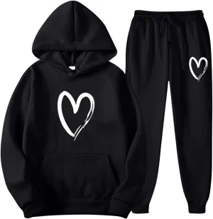 Women's Heart Print Fleece 2 Piece Outfits Sweatsuits Pullover Hoodie Sweatshirt and Jogger Pants Tracksuits Set
