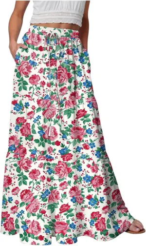 Womens High Waist Maxi Skirt Midi Swing Skirts Beach Vacation Cruise Outfits with Pockets