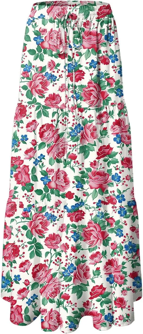 Womens High Waist Maxi Skirt Midi Swing Skirts Beach Vacation Cruise Outfits with Pockets