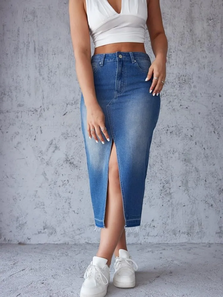 Women's High Waisted A Line Casual Loose Slit Denim Soft Midi Frayed Raw Hem Jean Skirt with Pockets