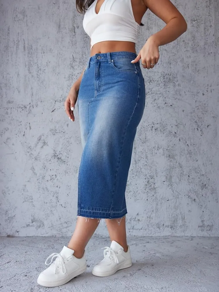 Women's High Waisted A Line Casual Loose Slit Denim Soft Midi Frayed Raw Hem Jean Skirt with Pockets