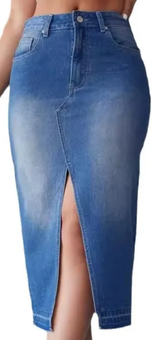 Women's High Waisted A Line Casual Loose Slit Denim Soft Midi Frayed Raw Hem Jean Skirt with Pockets